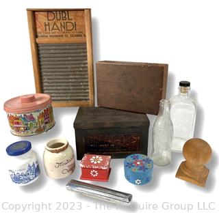 Wash Board, Cigar Boxes, Tins, Glass Bottles, Etc