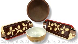 Ceramic Cookware Including Hall and Wooden Serving Bowl