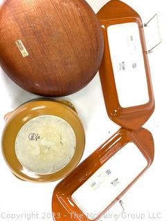 Ceramic Cookware Including Hall and Wooden Serving Bowl