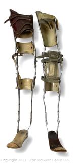 Pair of Two (2) Orthotic Polio Full Leg Braces with Leather Straps, Made by Klenzak Braces Kankakee Ill.  One hinge separated