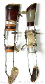 Pair of Two (2) Orthotic Polio Full Leg Braces with Leather Straps, Made by Klenzak Braces Kankakee Ill.  One hinge separated