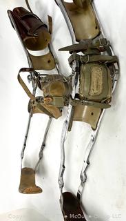 Pair of Two (2) Orthotic Polio Full Leg Braces with Leather Straps, Made by Klenzak Braces Kankakee Ill.  One hinge separated