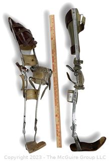 Pair of Two (2) Orthotic Polio Full Leg Braces with Leather Straps, Made by Klenzak Braces Kankakee Ill.  One hinge separated