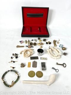 Group of Men's Tie Tacks, Cuff Links, Clay Pipe, Jade Bracelet, Etc. in Jewelry Box. 