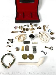 Group of Men's Tie Tacks, Cuff Links, Clay Pipe, Jade Bracelet, Etc. in Jewelry Box. 