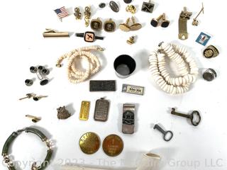 Group of Men's Tie Tacks, Cuff Links, Clay Pipe, Jade Bracelet, Etc. in Jewelry Box. 