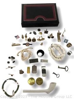 Group of Men's Tie Tacks, Cuff Links, Clay Pipe, Jade Bracelet, Etc. in Jewelry Box. 