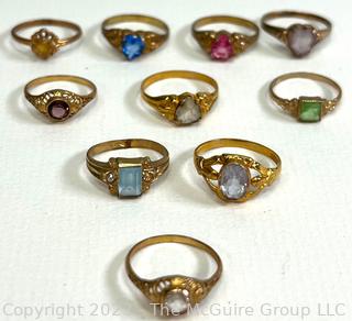 Group of Ten (10) Childrens' Rings with Crystal Centers, Gold Filled  