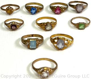 Group of Ten (10) Childrens' Rings with Crystal Centers, Gold Filled  