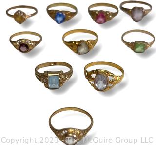 Group of Ten (10) Childrens' Rings with Crystal Centers, Gold Filled  