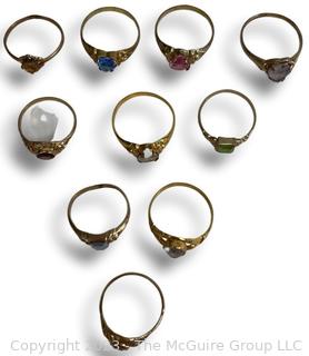 Group of Ten (10) Childrens' Rings with Crystal Centers, Gold Filled  