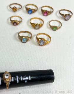 Group of Ten (10) Childrens' Rings with Crystal Centers, Gold Filled  