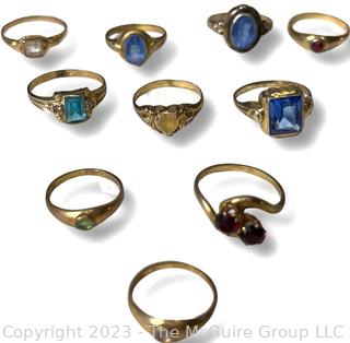 Group of Ten (10) Childrens' Rings with Crystal Centers, 10K Gold