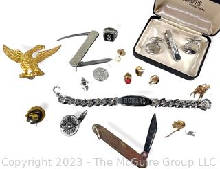 Cuff Links, Tie Bars, Pocket Knives, ID Bracelet Etc