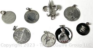 Seven (7) Sterling Silver Round Disc Pendant Charms and Sterling Fleur-de-lis Brooch.