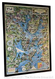 Framed Under Glass Illustrated Map of Passamaquoddy Fundy Isles Region of Maine.  21" x 30".