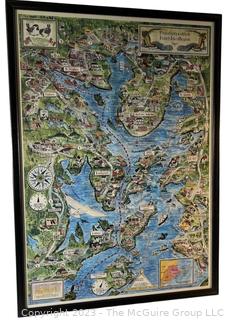 Framed Under Glass Illustrated Map of Passamaquoddy Fundy Isles Region of Maine.  21" x 30".