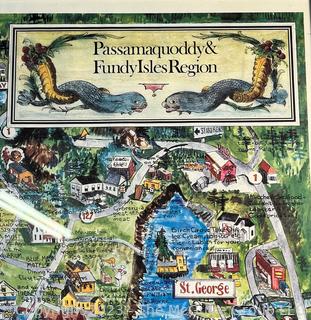 Framed Under Glass Illustrated Map of Passamaquoddy Fundy Isles Region of Maine.  21" x 30".