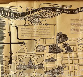 Framed Promotional Tourist Map of Capitol Hill, Washington DC.  21" x 26".