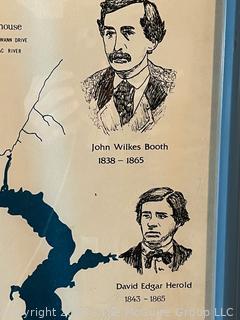 Framed 1977 Map of John Wilkes Booth Escape Route Tour Through Virginia