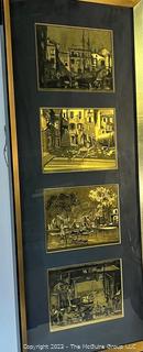 Framed Under Glass Four (4) Gold Foil Nautical Etchings, Boatyard by Lionel Barrymore. 13" x 34" {was 0272EC}