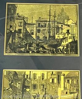 Framed Under Glass Four (4) Gold Foil Nautical Etchings, Boatyard by Lionel Barrymore. 13" x 34" {was 0272EC}