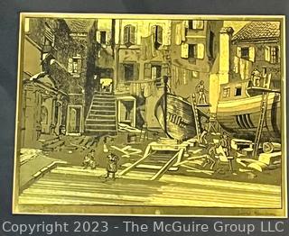 Framed Under Glass Four (4) Gold Foil Nautical Etchings, Boatyard by Lionel Barrymore. 13" x 34" {was 0272EC}