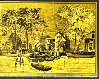 Framed Under Glass Four (4) Gold Foil Nautical Etchings, Boatyard by Lionel Barrymore. 13" x 34" {was 0272EC}