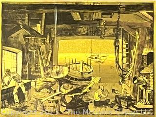 Framed Under Glass Four (4) Gold Foil Nautical Etchings, Boatyard by Lionel Barrymore. 13" x 34" {was 0272EC}