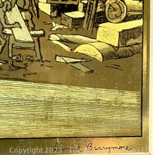 Framed Under Glass Four (4) Gold Foil Nautical Etchings, Boatyard by Lionel Barrymore. 13" x 34" {was 0272EC}