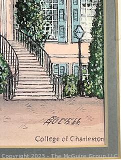 Framed Under Glass Print of College of Charleston Pencil Signed by Artist Bonnie Holden.  14" x 17".