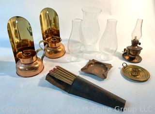 Wall Match Safe, Ashtray, Oil Lamp and Two Copper Lanterns with Hurricane Shades