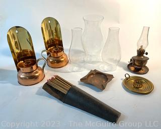 Wall Match Safe, Ashtray, Oil Lamp and Two Copper Lanterns with Hurricane Shades