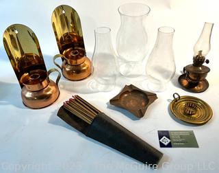 Wall Match Safe, Ashtray, Oil Lamp and Two Copper Lanterns with Hurricane Shades