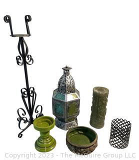 Group of Candle Holds and Wrought Iron Candle Stand