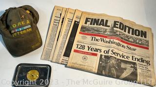 Korean War Veteran's Hat and the Final Edition of The Washington Star Newspaper. 