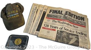 Korean War Veteran's Hat and the Final Edition of The Washington Star Newspaper. 