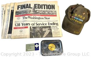 Korean War Veteran's Hat and the Final Edition of The Washington Star Newspaper. 