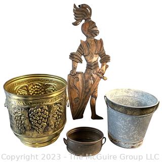 Brass and Tin Buckets with Wood Carved Wall Figure.  Wall plaque has been repaired.