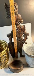 Brass and Tin Buckets with Wood Carved Wall Figure.  Wall plaque has been repaired.