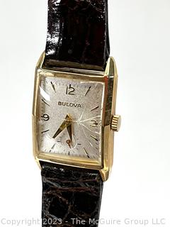 14K Yellow Gold Bulova Tank Wrist Watch on Leather Band. Crystal cracked. {was 1013CD}