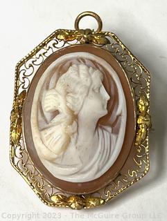 Vintage Pink Shell Cameo Brooch and Pendant in 10k Gold Filigree Surround