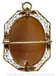 Vintage Pink Shell Cameo Brooch and Pendant in 10k Gold Filigree Surround