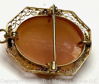 Vintage Pink Shell Cameo Brooch and Pendant in 10k Gold Filigree Surround