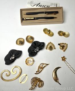 Group of Costume Shoe Clips, Brooches and Pen in Box