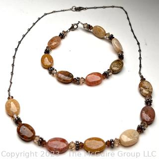 Polished Agate Stone Bead Necklace on Sterling Silver Chain with Matching Bracelet. 