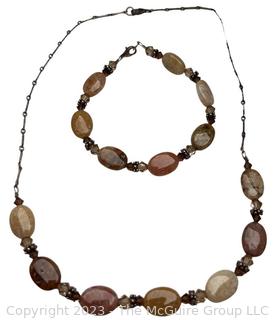 Polished Agate Stone Bead Necklace on Sterling Silver Chain with Matching Bracelet. 