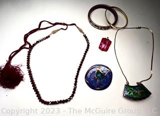 Cut Garnet Bead Necklace, Enamel Brooch and Pendant (Some Damage) and Bracelets