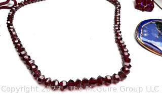 Cut Garnet Bead Necklace, Enamel Brooch and Pendant (Some Damage) and Bracelets