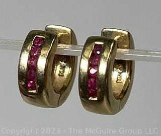 Pair of 14kt Yellow Gold Ruby Huggie Pierced Earrings. 4.9 grams